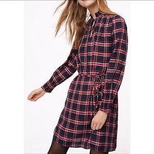 LOFT Navy and Red Plaid Long Sleeve Tie-Waist Dress